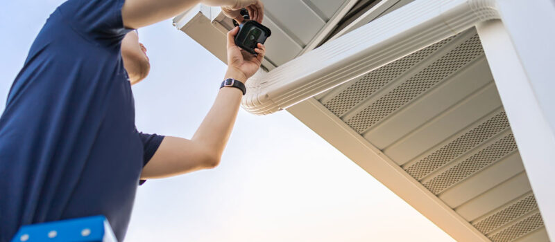 A technician installing a security camera on the exterior of a building, focusing on adjusting the camera angle.